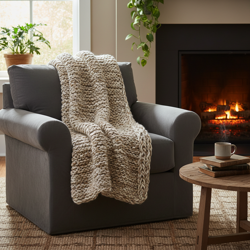 Chunky knit throw blanket draped over a cozy armchair in a warm living room
