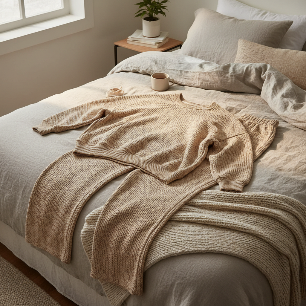 Cozy lounge set with oversized sweatshirt and wide-leg pants in oatmeal color on soft linen bedding