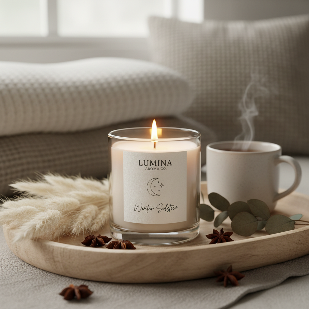 Artisan scented candle in a glass jar with warm golden flame, styled on a wooden tray with botanicals