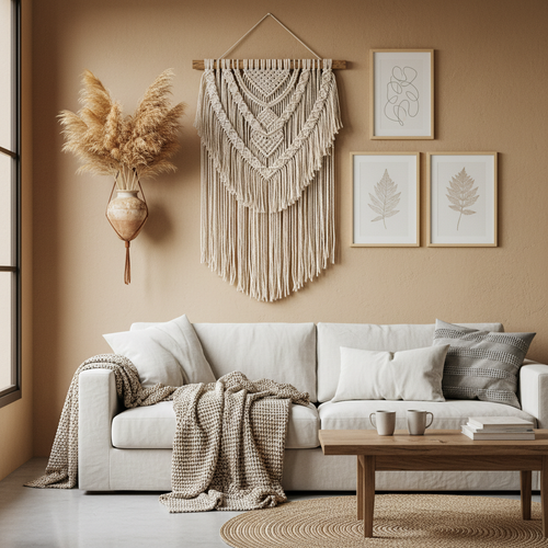 Boho wall decoration set with macrame, pampas grass, and framed prints styled on a warm white wall