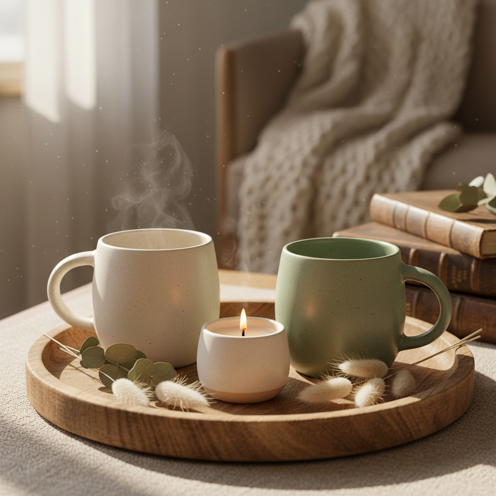 Cozy ceramic mug set of two in cream and sage green on a wooden tray with candle and dried flowers